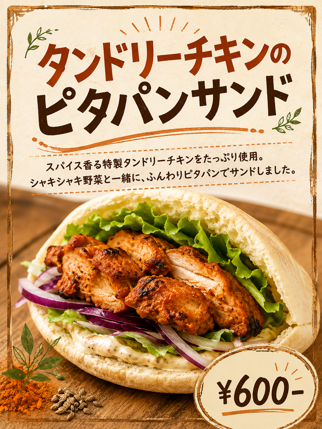 タンドリーチキンのピタパンサンド