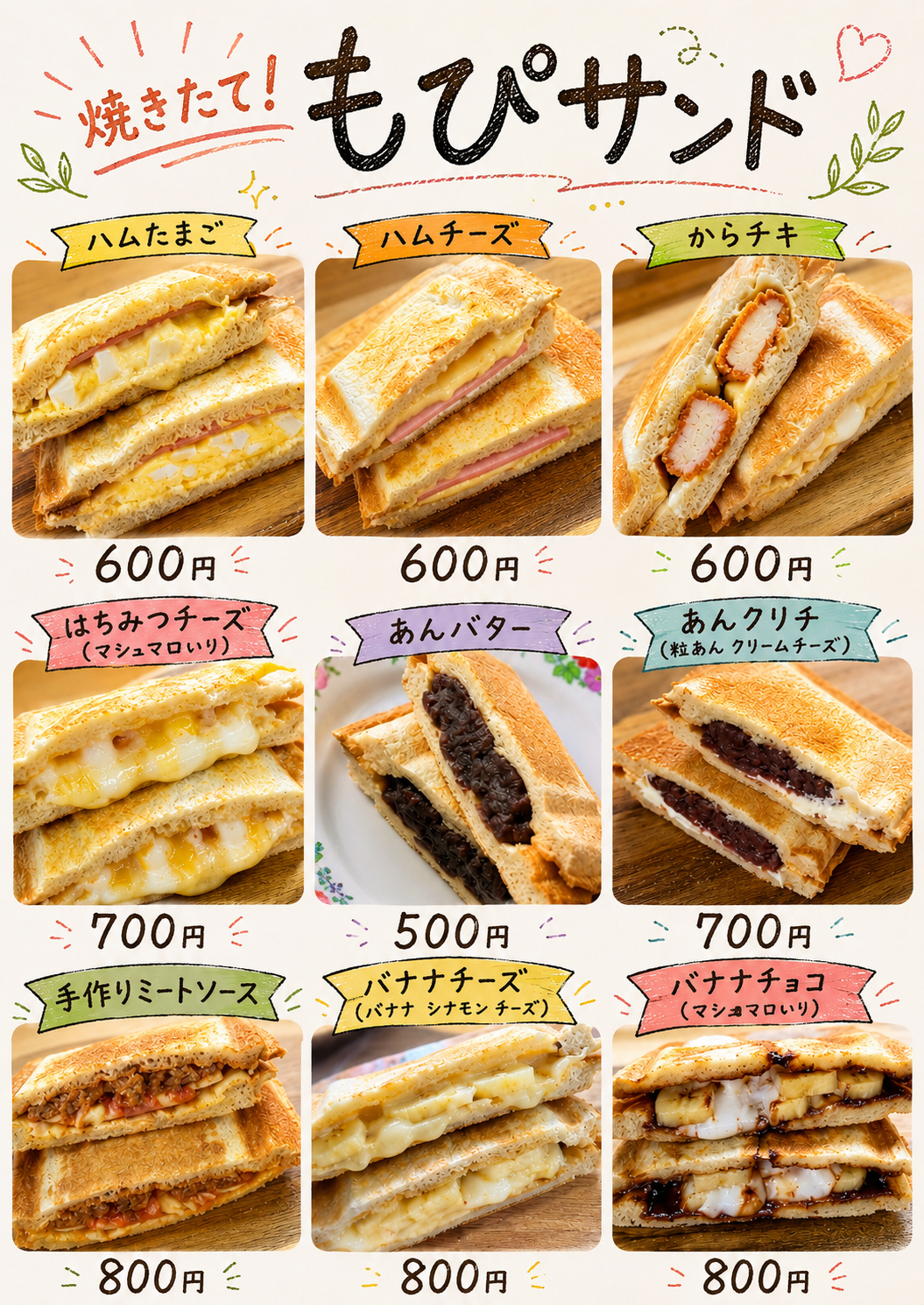 焼きたて！もぴサンド　ハンドドリップコーヒー　パフェ　ソフトドリンク　惣菜　フライドフーズ